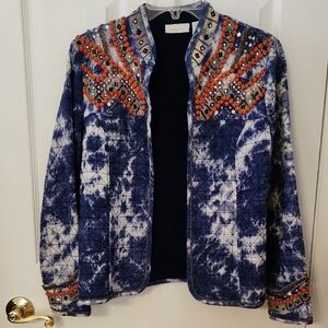 Chico's Blue Tie Dye Quilted Open Jacket Pom Pom Bling EUC Size S 🎁